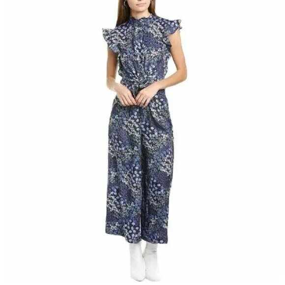 Rebecca Taylor Ava Silk Navy Blue Floral Print Crop Wide Leg Jumpsuit.  SZ 6 - Picture 1 of 5